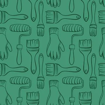 Seamless pattern of painting tools in line art style with brush, paint roller Stock Illustration