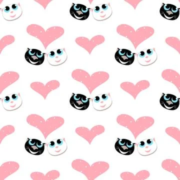 Seamless pattern with pair of cats in love look at a big heart. vector. Stock Illustration