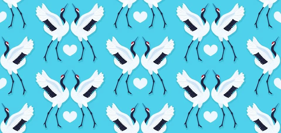 Seamless pattern with pair of red crowned cranes and heart. Repeating blue ba Stock Illustration