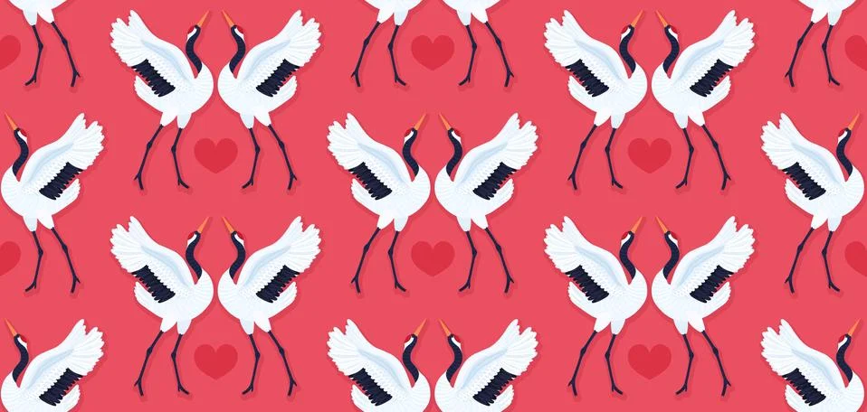 Seamless pattern with pair of red crowned cranes and heart. Repeating red bac Stock Illustration