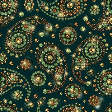 Seamless pattern with paisley ornament, round jewelry elements in vintage s.. 스톡 일러스트