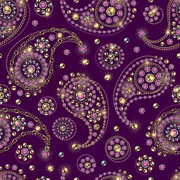 Seamless pattern with paisley ornament, round jewelry elements in vintage sty Stock Illustration
