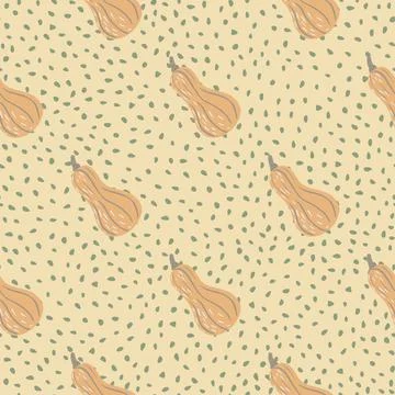 Seamless pattern in pale pastel tones with fall pumpkin ornament. Beige dotte Stock Illustration