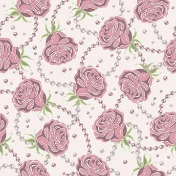 Seamless pattern with pale pink roses, pearls Stock Illustration