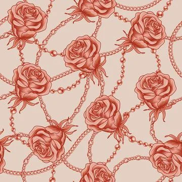 Seamless pattern with pale red roses, metal chains Stock Illustration