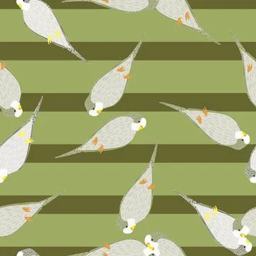 Seamless pattern in pale tones with simple grey parrot silhouettes. Green oli Illustrazione stock