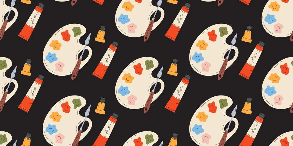 Seamless pattern with Palette, paints and brushes Stock Illustration