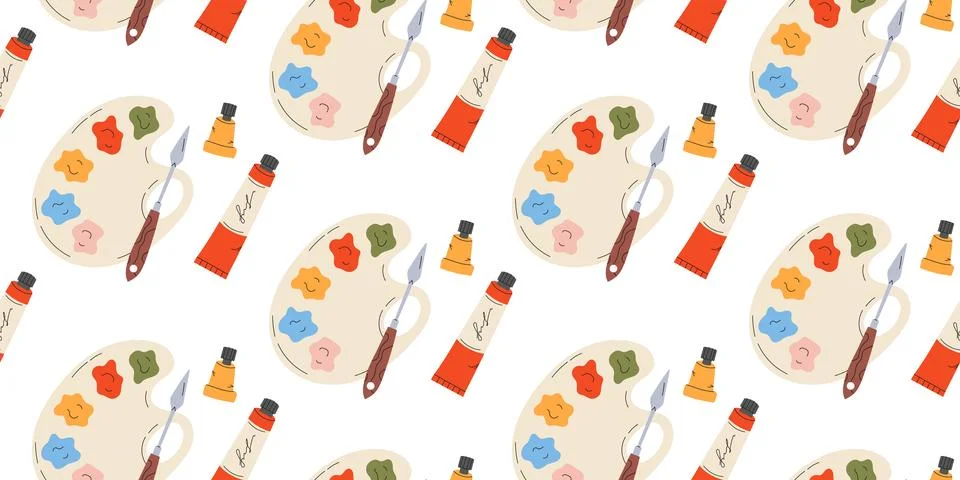 Seamless pattern with Palette, paints and brushes Stock Illustration