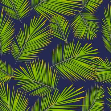Seamless pattern with palm branch on blue dark background. Hawaiian shirt wit Stock Illustration