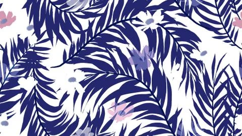 Seamless pattern, palm leaf and cosmos flower on white background Stock Illustration