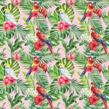 Seamless pattern palm leaf, exotic Flower, parrot bird. Watercolor Tropical 스톡 일러스트