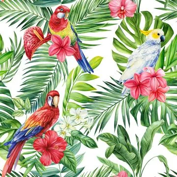 Seamless pattern palm leaf exotic Flower, parrot bird. Watercolor Tropical 스톡 일러스트