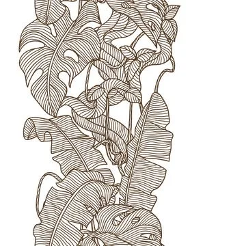 Seamless pattern with palm leaves and twisted wild liana branch. Jungle vines Stock-Illustration
