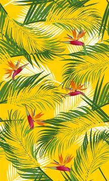 Seamless pattern palm leaves with bird of paradise on yellow background Stockillustratie