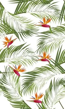 Seamless pattern palm leaves with bird of paradise on white background Stock Illustration