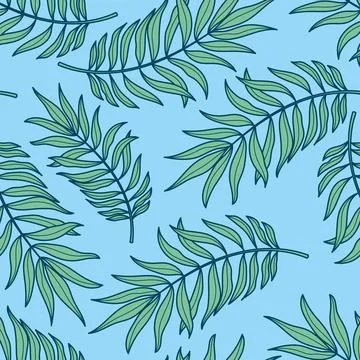 Seamless pattern with palm leaves on a blue background Illustrazione stock