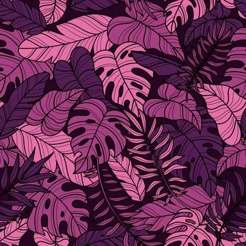 Seamless pattern with palm leaves on a dark background Illustrazione stock
