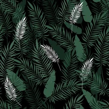 Seamless pattern with palm leaves. Exotic green foliage on black background Stock Illustration