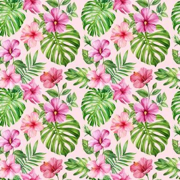 Seamless pattern Palm leaves, Jungle monstera leaf, hibiscus flower. Tropical Stock Illustration