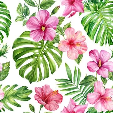 Seamless pattern Palm leaves, Jungle monstera leaf, hibiscus flower. Tropical Stock Illustration