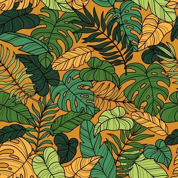 Seamless pattern with palm leaves on orange background Illustrazione stock