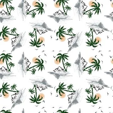 Seamless pattern palm tree and tropical island design white Stock Illustration
