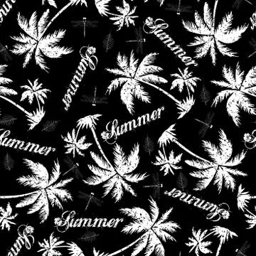 Seamless pattern palm tree and summer text design black Stock Illustration