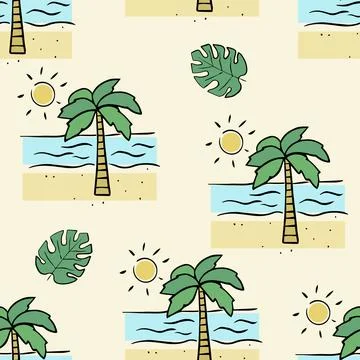 Seamless pattern with palm tree and beach and leaves. Vector illustration in Illustrazione stock