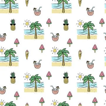 Seamless pattern with palm tree, beach, pineapple and desserts. Vector 스톡 일러스트