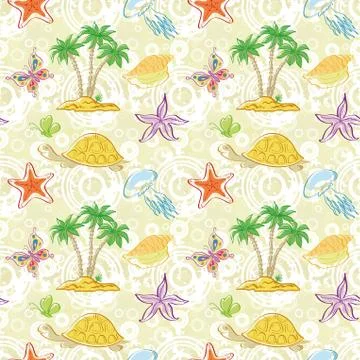 Seamless pattern, palm trees and sea animals Stock Illustration