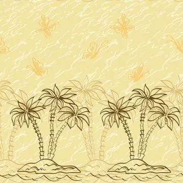 Seamless pattern, palm trees and butterflies contours Stock Illustration