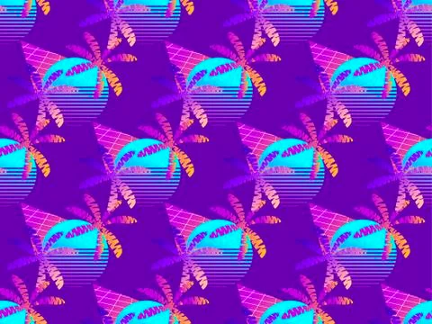 Seamless pattern with palm trees and the sun, colorful gradient in the style  스톡 일러스트