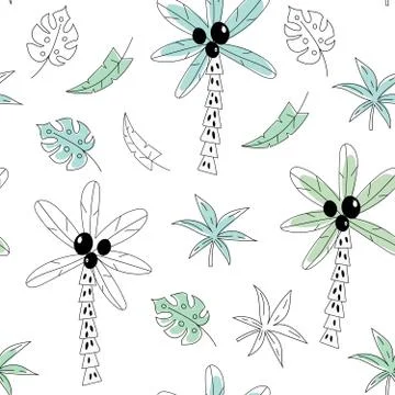 Seamless pattern with palm trees and branches hand drawn shapes. Creative kids Stock-Illustration