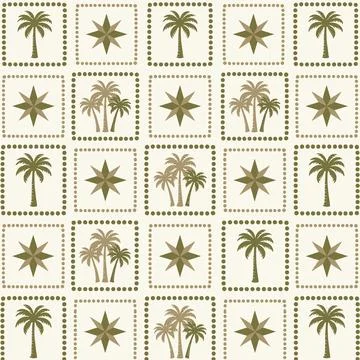 Seamless Pattern with Palm Trees and Stars in a Grid Design. Stock Illustration