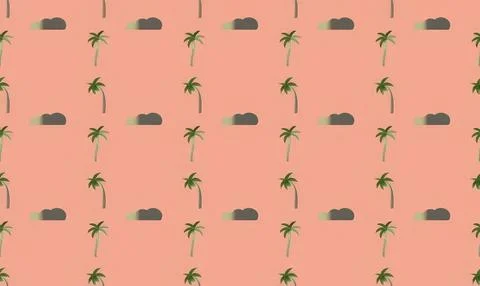 Seamless pattern of palm trees and clouds on pink background Stock Illustration