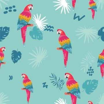 Seamless pattern with palm trees leaves and Blue Yellow and Red Blue Macaw pa Stock Illustration