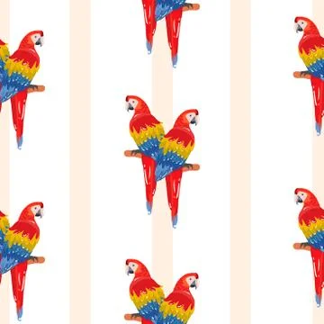 Seamless pattern with palm trees leaves and Blue Yellow and Red Blue Macaw pa Stock Illustration