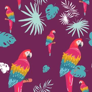 Seamless pattern with palm trees leaves and Blue Yellow and Red Blue Macaw pa Stock Illustration