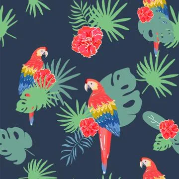Seamless pattern with palm trees leaves and Blue and Red Blue Macaw parrots.  Illustrazione stock