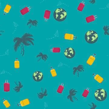 Seamless pattern with palm trees, suitcase, Earth. Concept trip on summer vac Stock Illustration