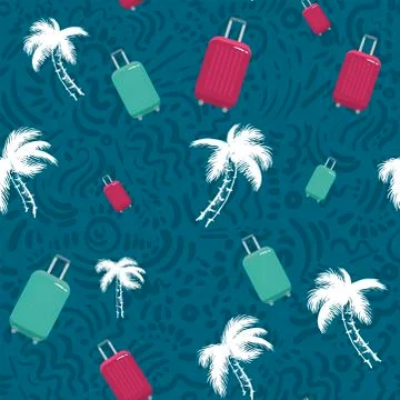 Seamless pattern with palm trees, suitcase. Concept trip on summer vacation.  Stock Illustration