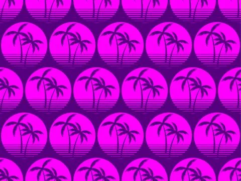 Seamless pattern with palm trees on sun background in 80s style, purple color Illustrazione stock