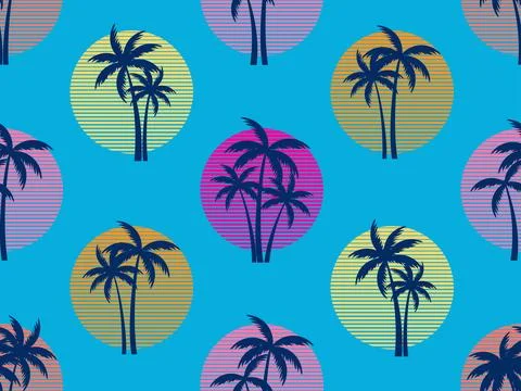 Seamless pattern with palm trees at sunset 80s retro style. Summer time, fu.. Stock Illustration