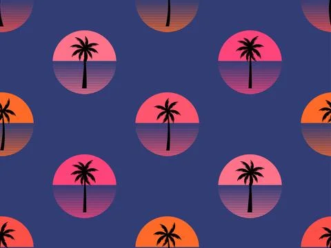 Seamless pattern with palm trees at sunset 80s retro style. Summer time, fu.. Stock Illustration