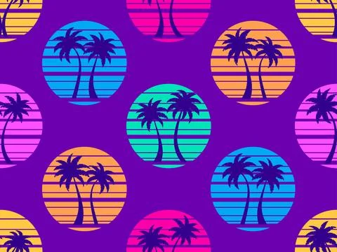 Seamless pattern with palm trees at sunset 80s retro style. Summer time, fu.. Stock Illustration