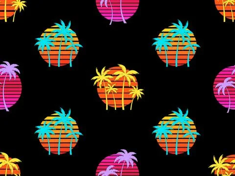 Seamless pattern with palm trees at sunset in retro 80s style. Silhouettes .. Stock Illustration
