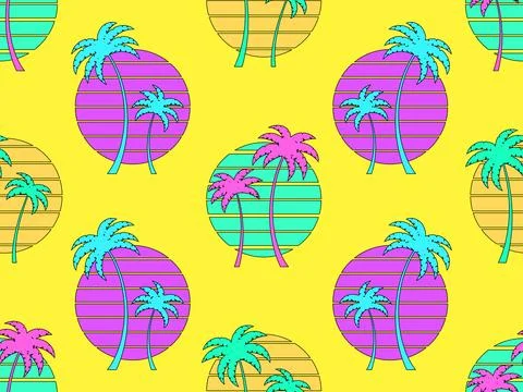 Seamless pattern with palm trees at sunset in retro 80s style. Silhouettes .. Stock Illustration