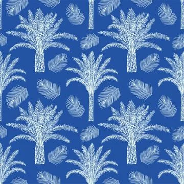 Seamless pattern with palm trees trees and leaves. Toile de Jouy retro engr.. Stock Illustration