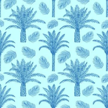 Seamless pattern with palm trees trees and leaves. Toile de Jouy retro engr.. Stock Illustration