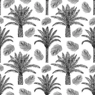 Seamless pattern with palm trees trees and leaves. Toile de Jouy retro engr.. Stock Illustration